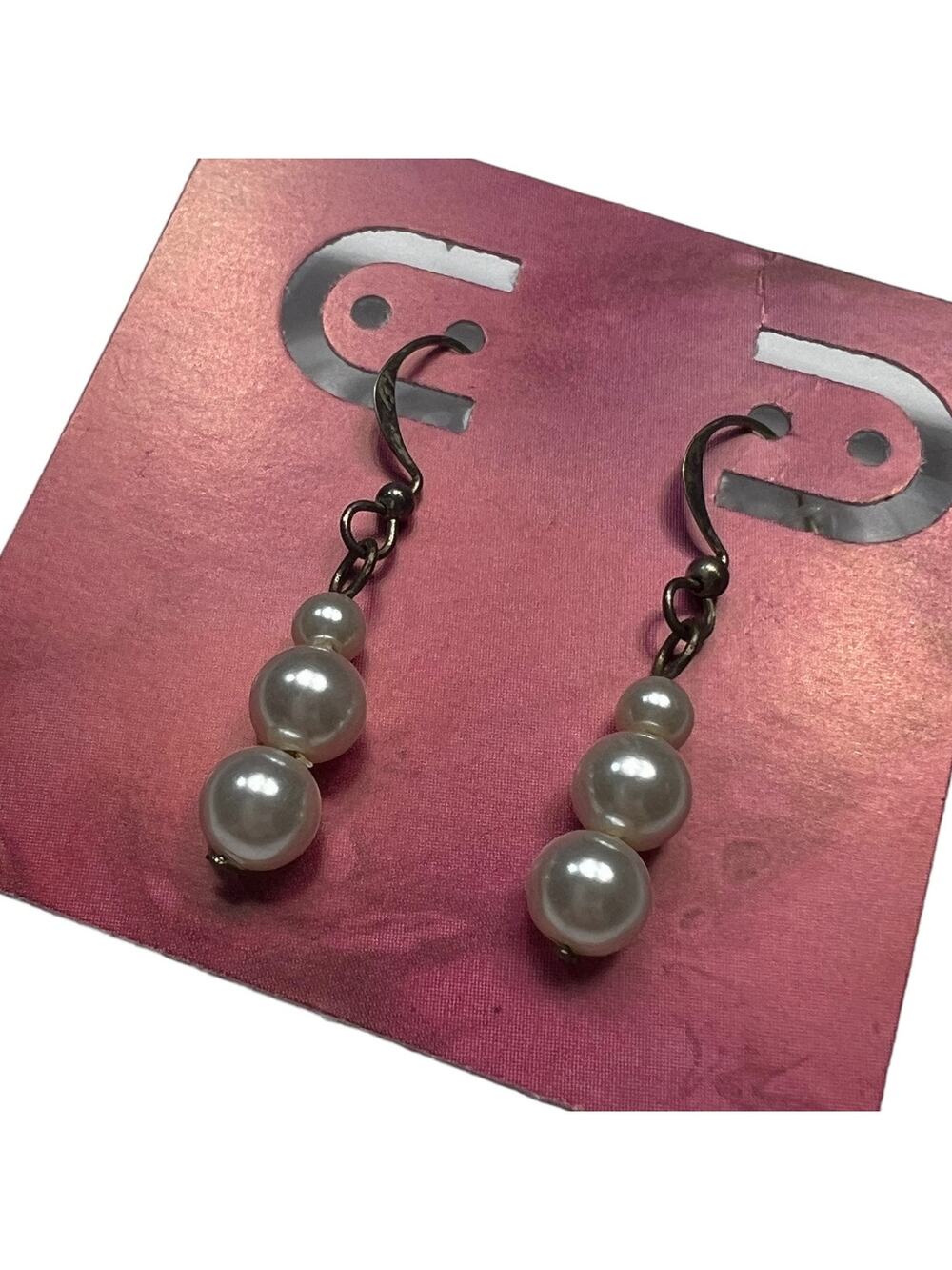 White faux Pearl Drop Earrings Three Bead Dangle Classic Design